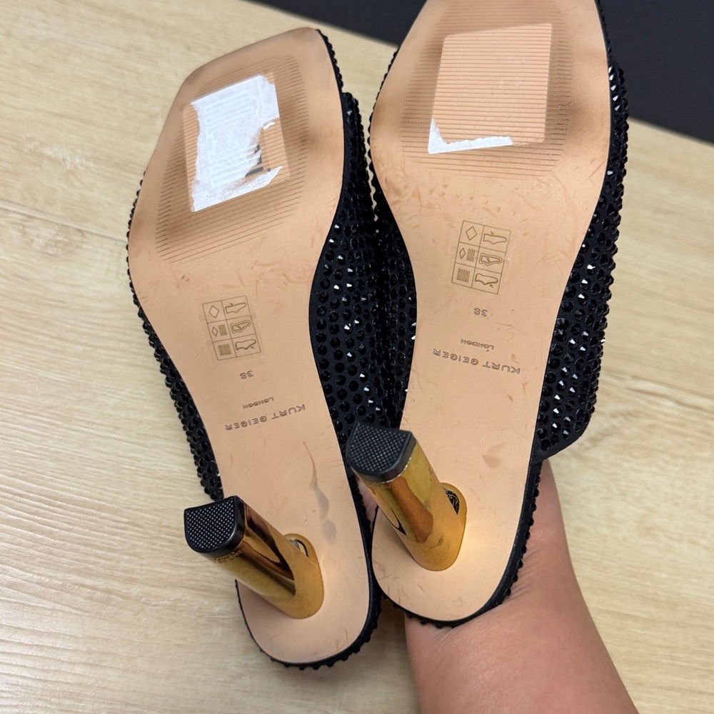 Kurt Geiger London Crystal Mule Heels Black Gold Heel - Picture 11 of 13